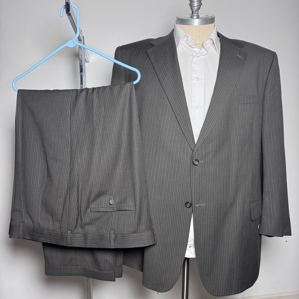 Joseph & Feiss Suit Mens 52L 50W Grey Pinstripe 100% Wool Business Formal